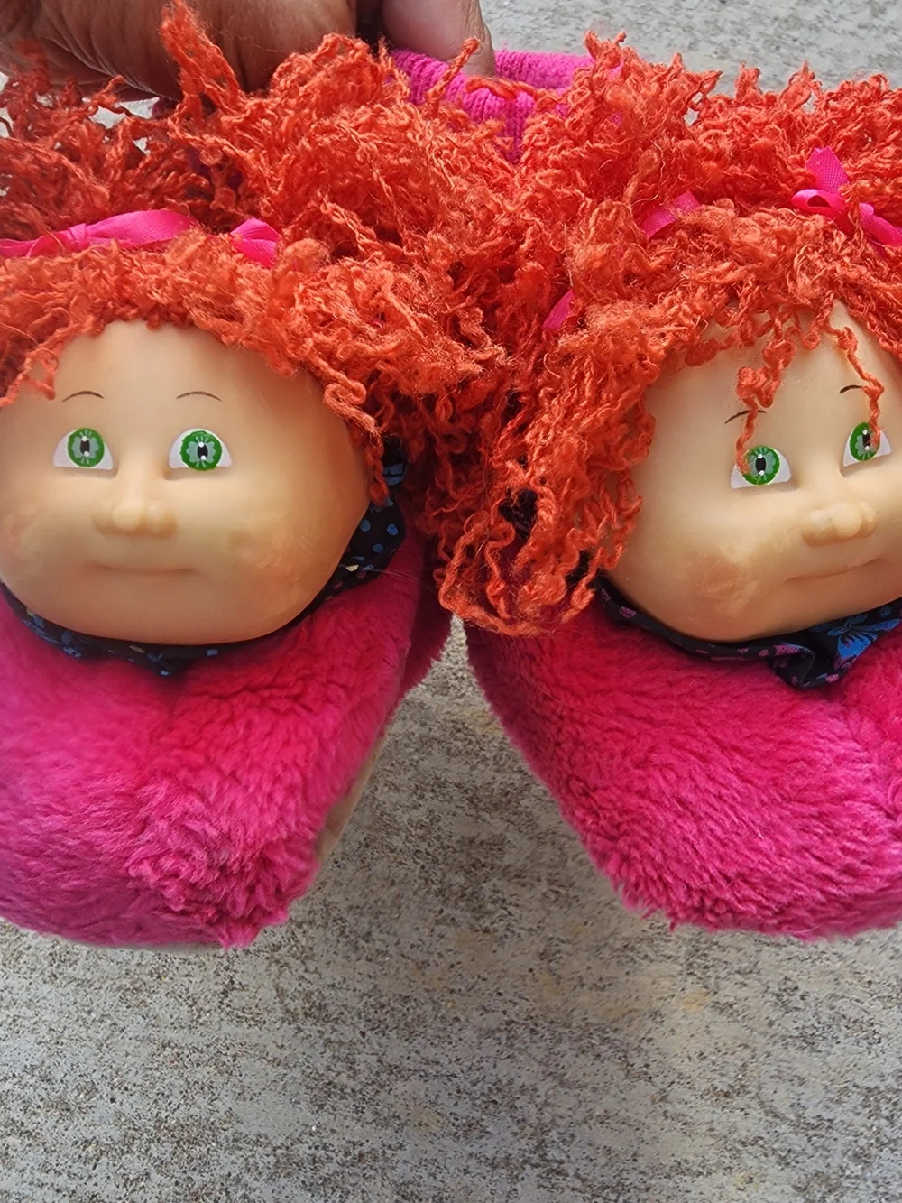 VTG 90s Cabbage Patch Kids Pink Slippers 3D Doll Face Red Curly Crimped Red Hair